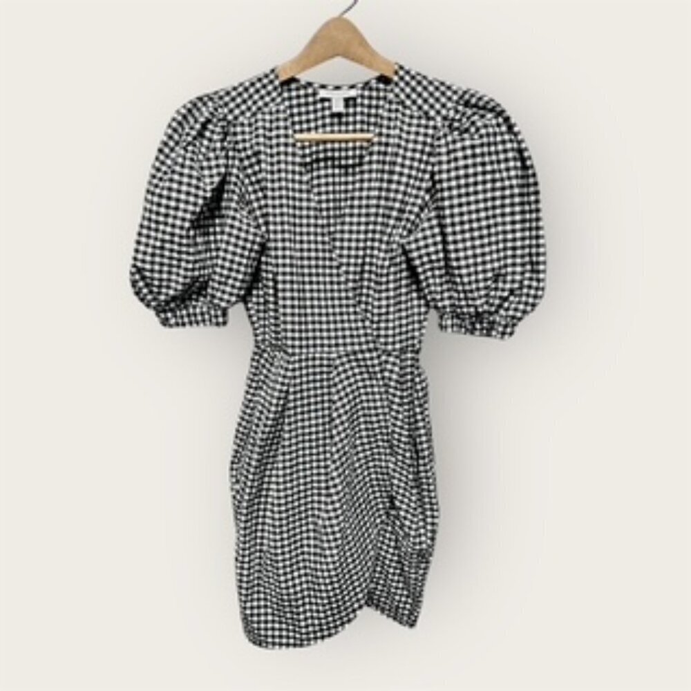 Topshop Womens Mini Dress Puff Sleeves Tulip Wrap Gingham Black & White Size US2